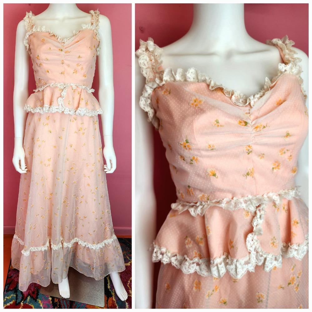 Vintage 1970's Peach Floral Lace Coquette Prairie Style Maxi Dress by Lorrie Deb